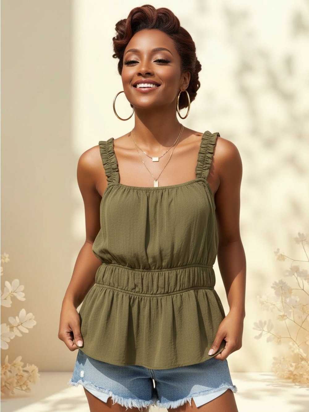 Old Navy Olive Green Ruffled Strap Peplum Tank